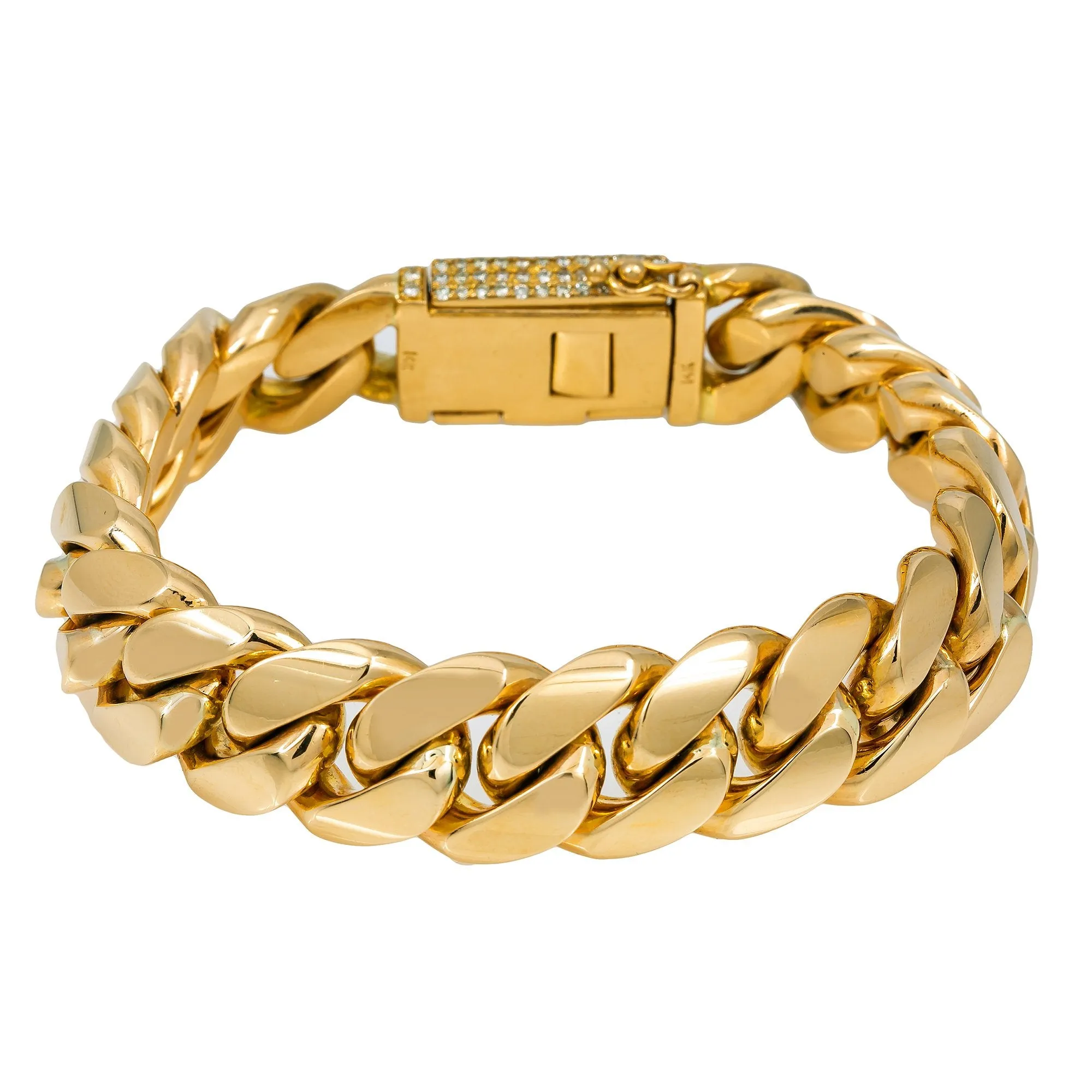 14K Yellow Gold Men's Cuban Bracelet 17MM With 2.45 CT Diamonds On The Lock