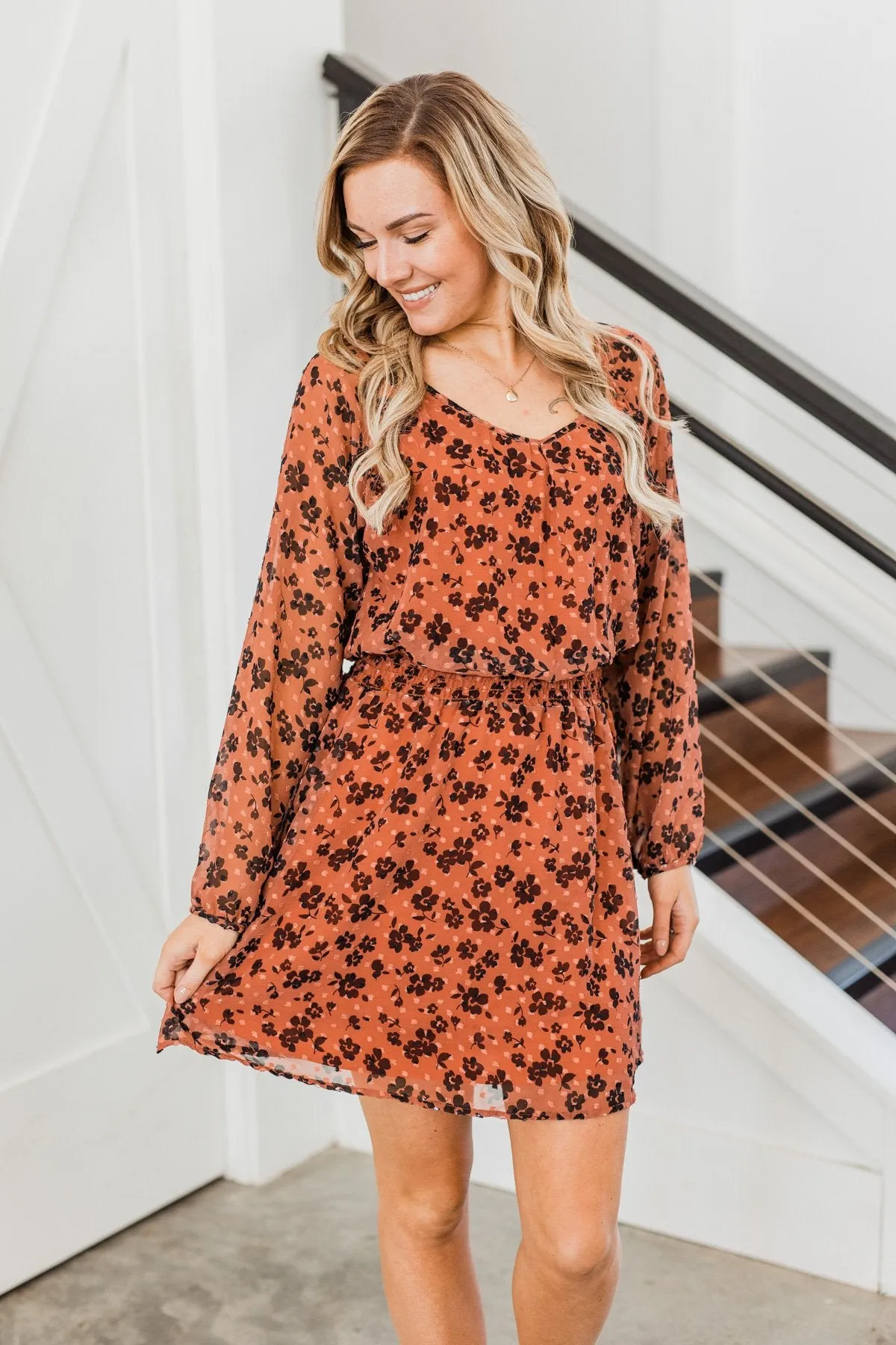 All For You Floral Long Sleeve Dress- Rust