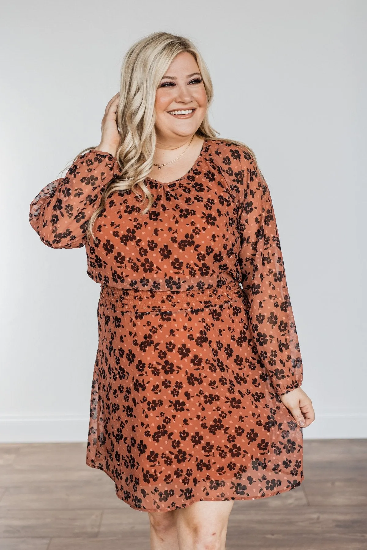 All For You Floral Long Sleeve Dress- Rust