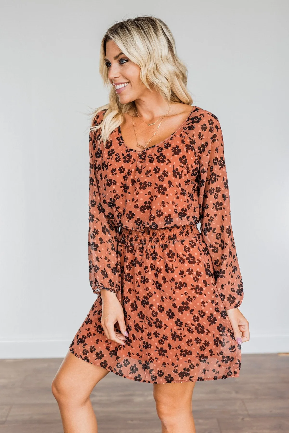 All For You Floral Long Sleeve Dress- Rust