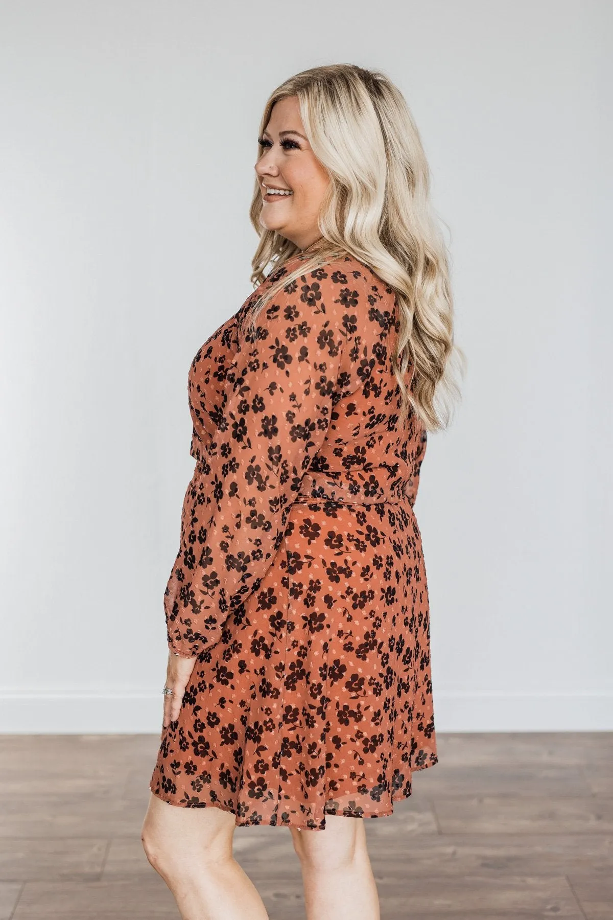 All For You Floral Long Sleeve Dress- Rust