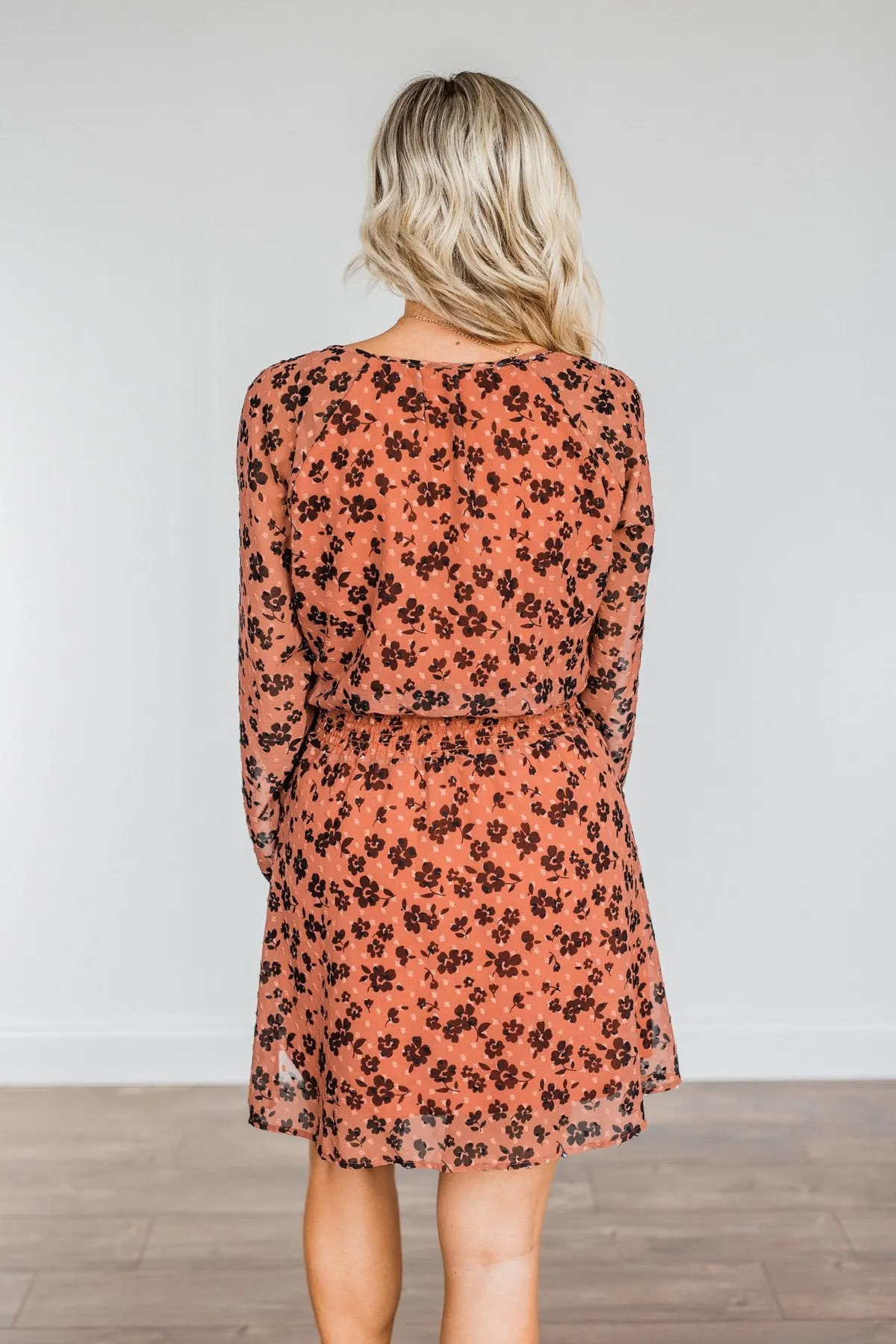 All For You Floral Long Sleeve Dress- Rust