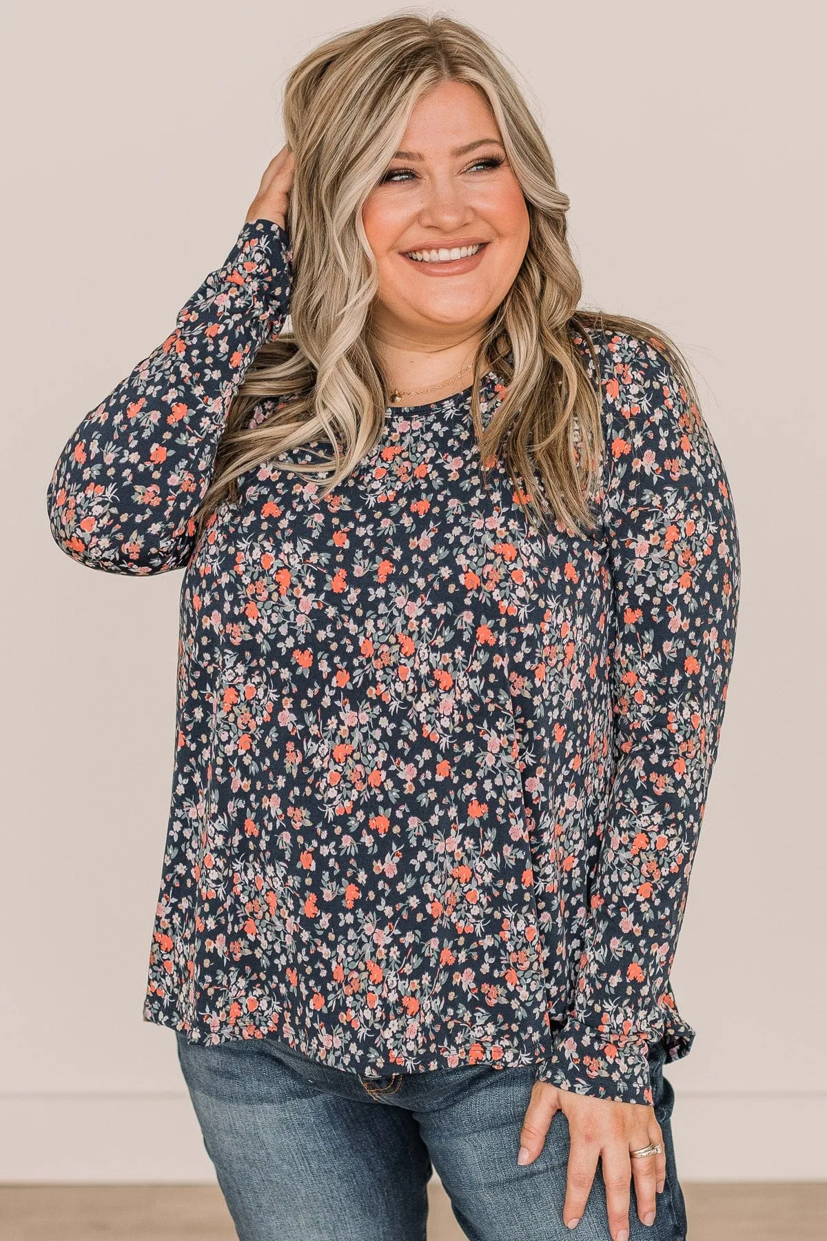 Be The Best Floral Long Sleeve Top- Navy