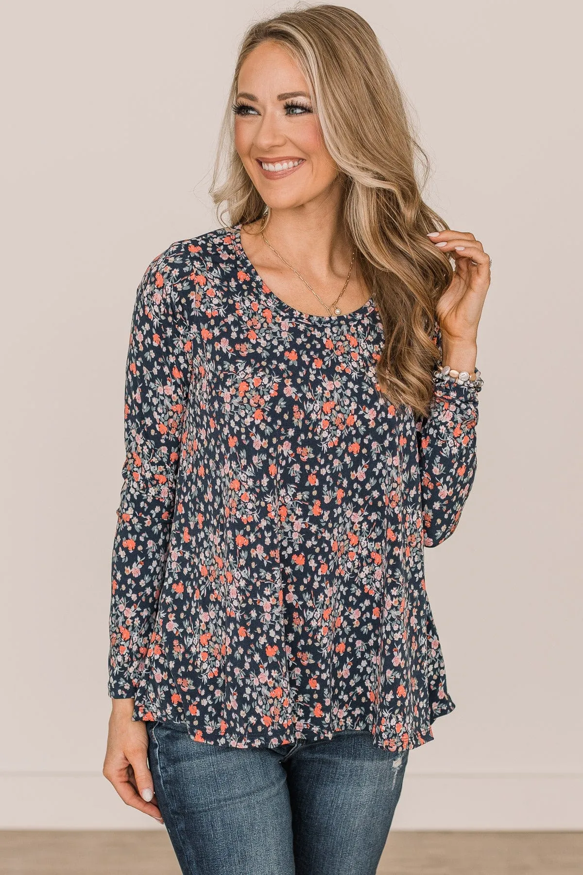 Be The Best Floral Long Sleeve Top- Navy