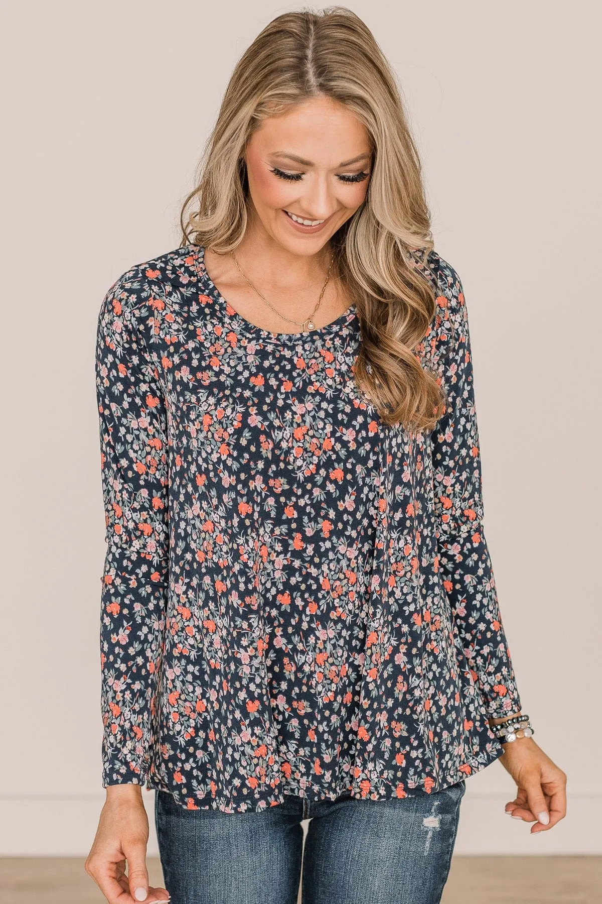 Be The Best Floral Long Sleeve Top- Navy