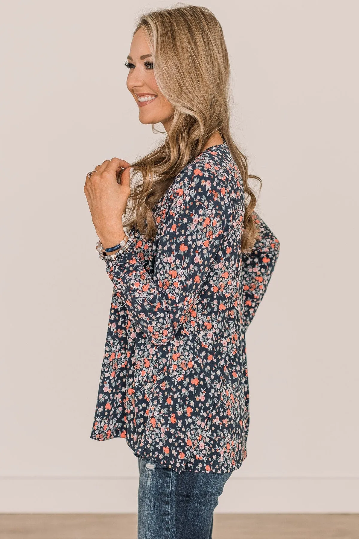 Be The Best Floral Long Sleeve Top- Navy