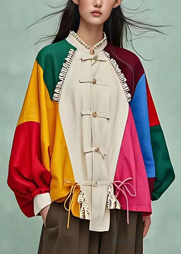 Beautiful Colorblock Stand Collar Button Cotton Coat Fall