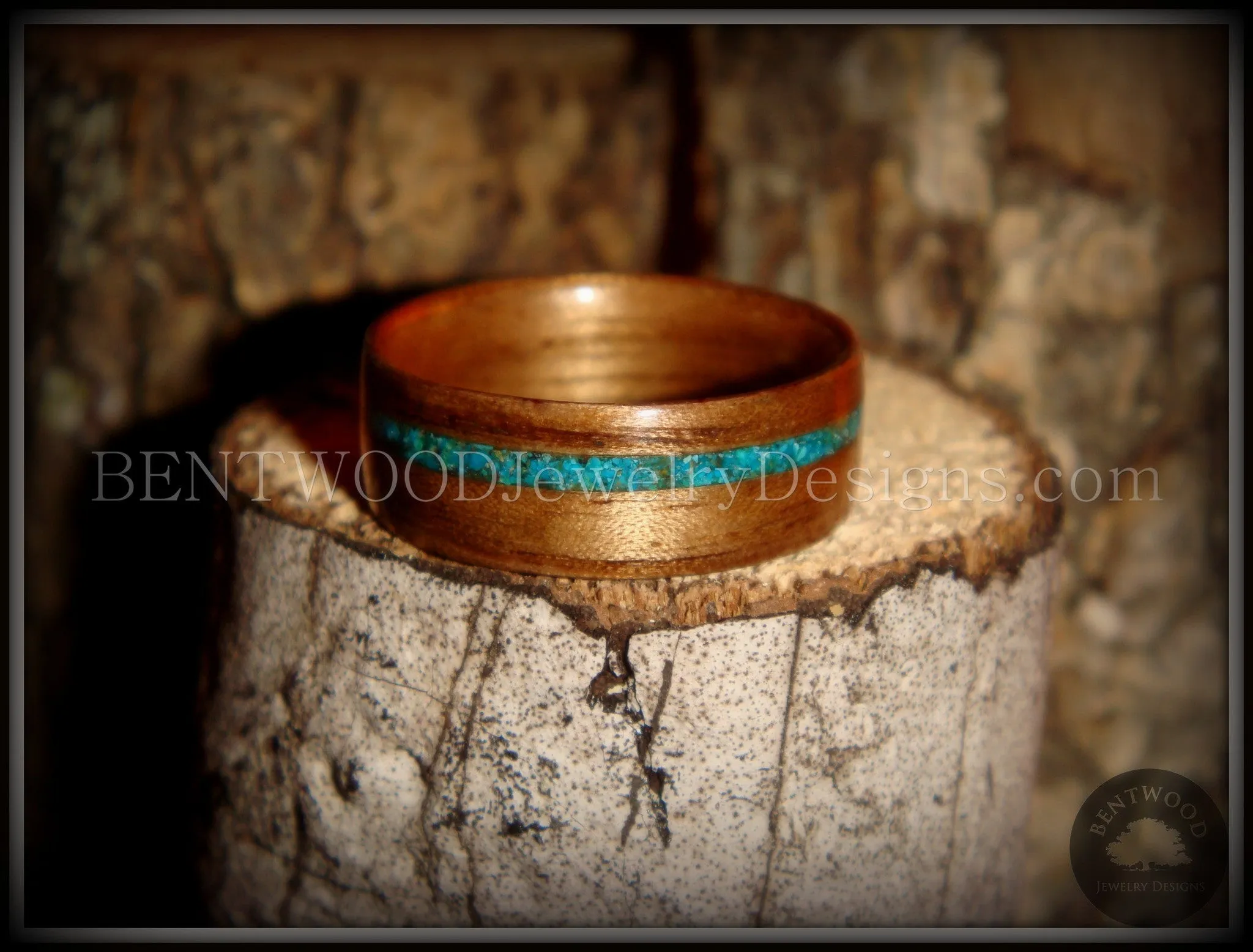 Bentwood Ring - American Walnut Wood Ring and Offset Chrysocolla Stone Inlay