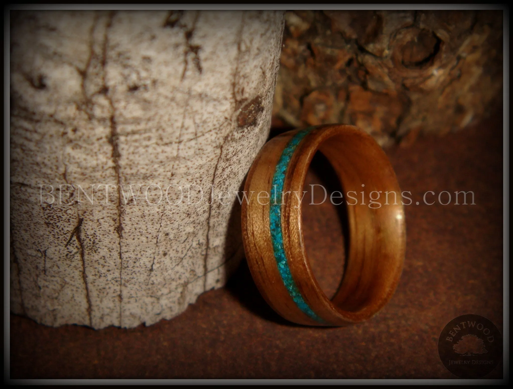 Bentwood Ring - American Walnut Wood Ring and Offset Chrysocolla Stone Inlay