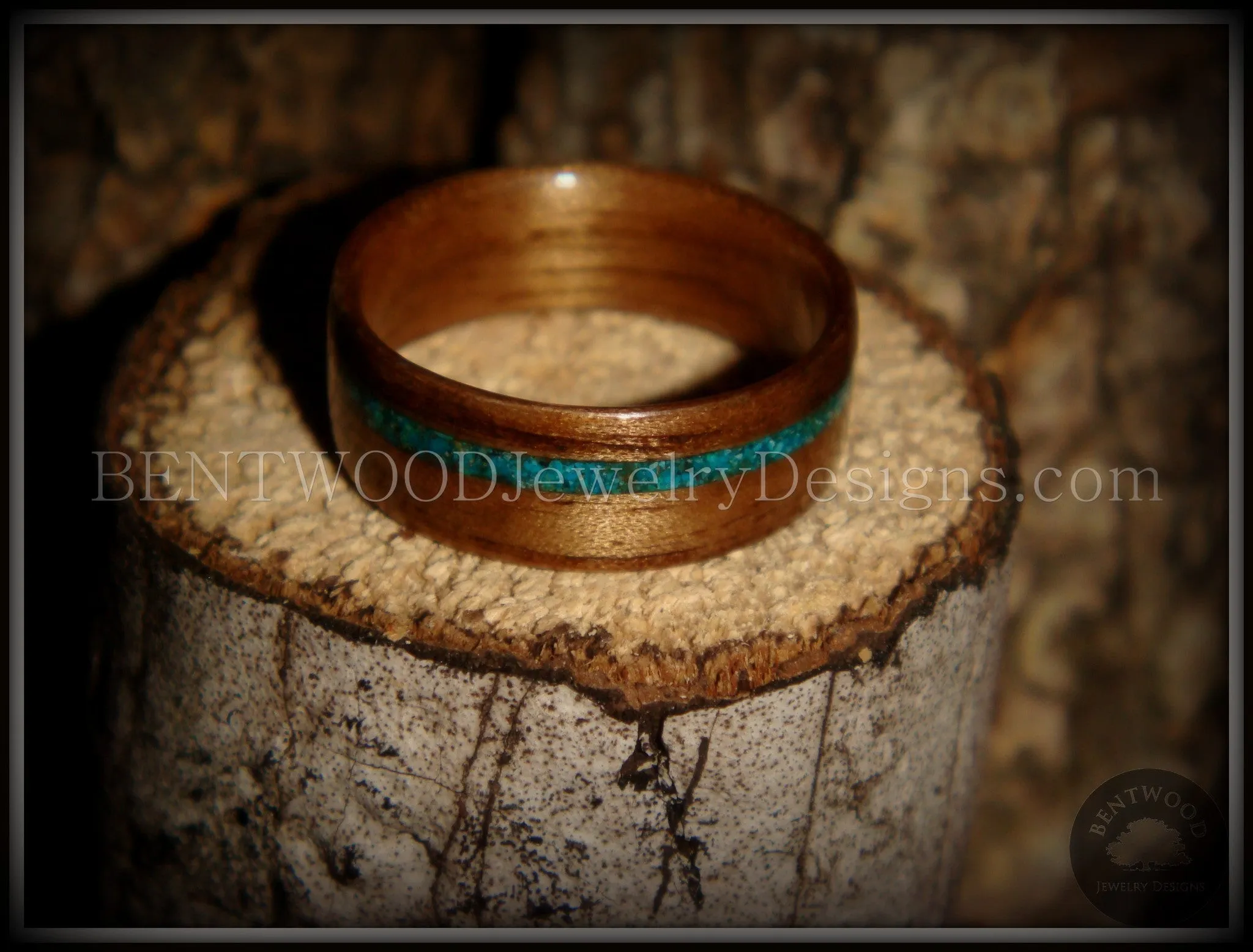 Bentwood Ring - American Walnut Wood Ring and Offset Chrysocolla Stone Inlay