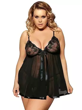 Black and White Lace Plus Size Babydoll and Chemise Set with Classic Belt