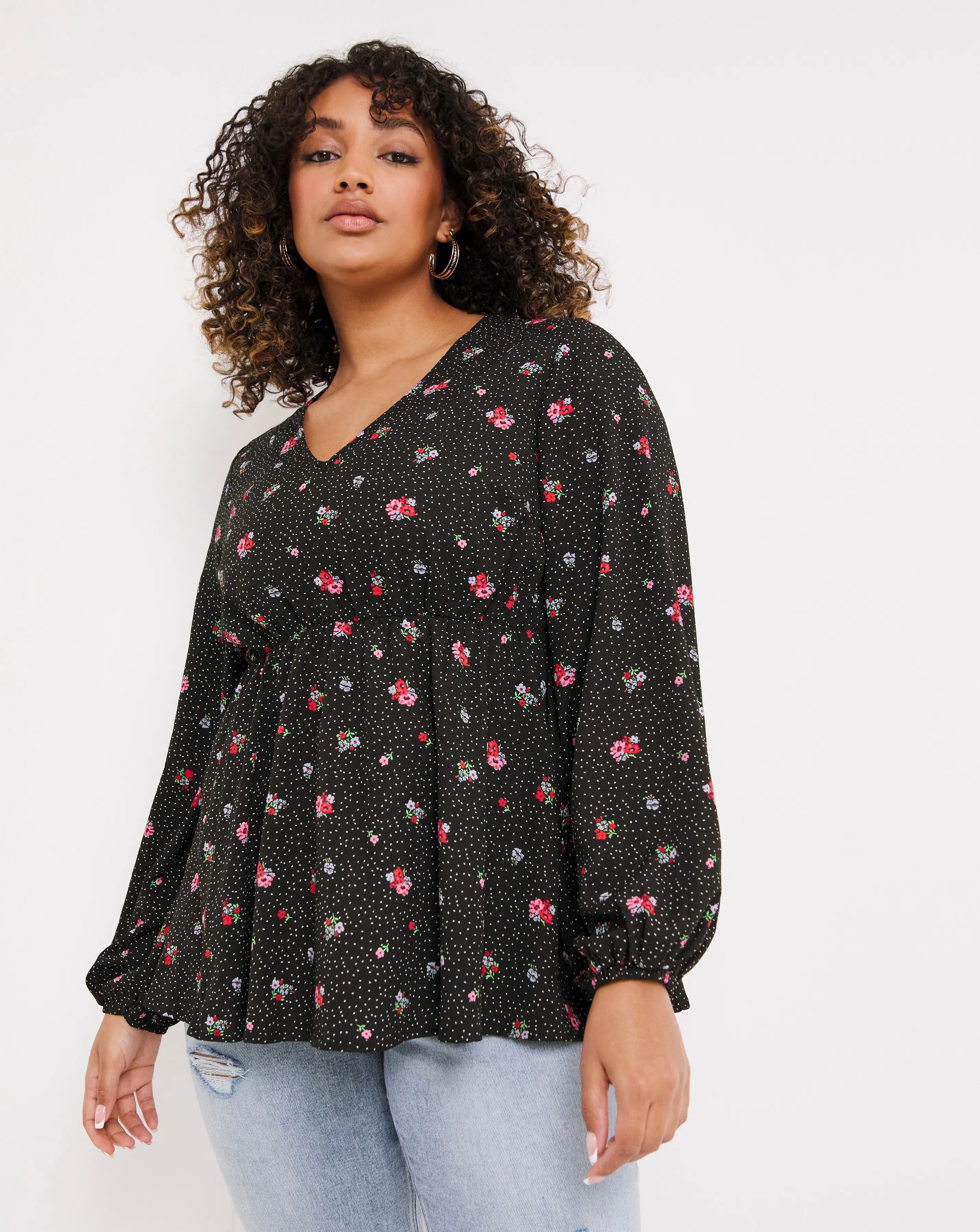 Black Ditsy Floral Long Sleeve Blouse | Simply Be