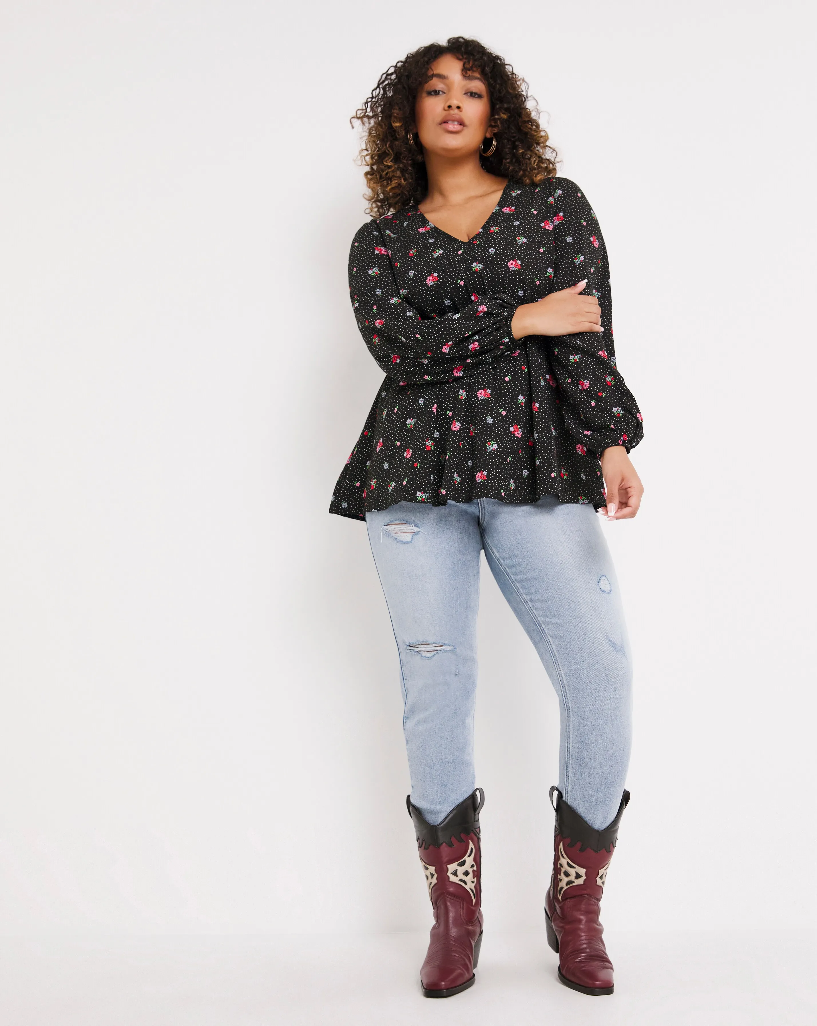 Black Ditsy Floral Long Sleeve Blouse | Simply Be