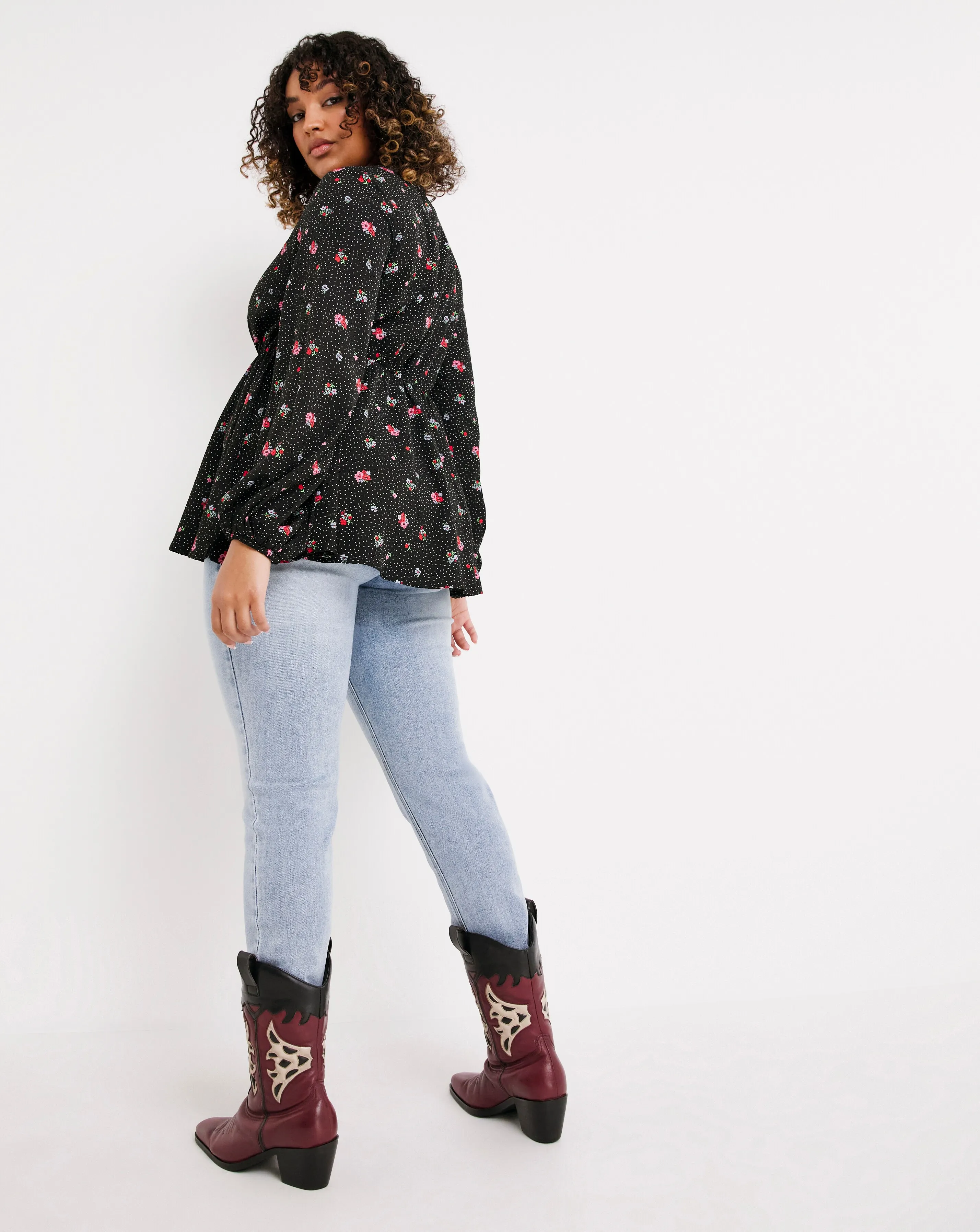 Black Ditsy Floral Long Sleeve Blouse | Simply Be