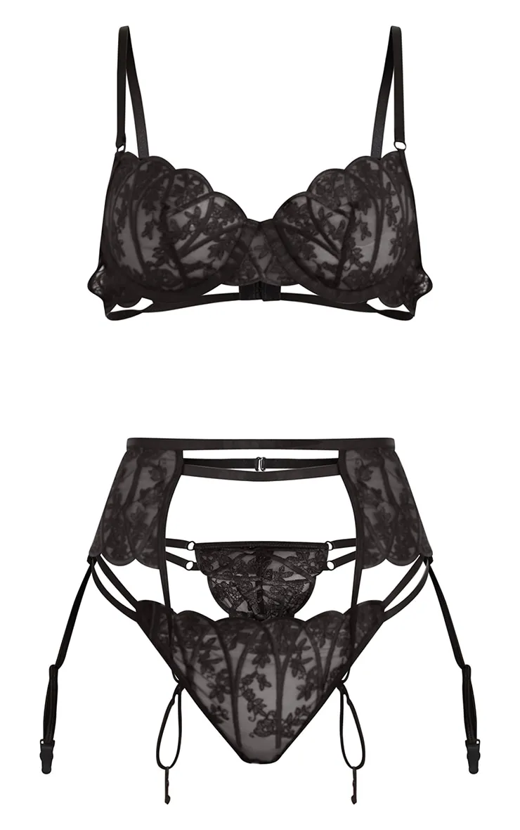 Black Embroidered Mesh 3 Piece Lingerie Set