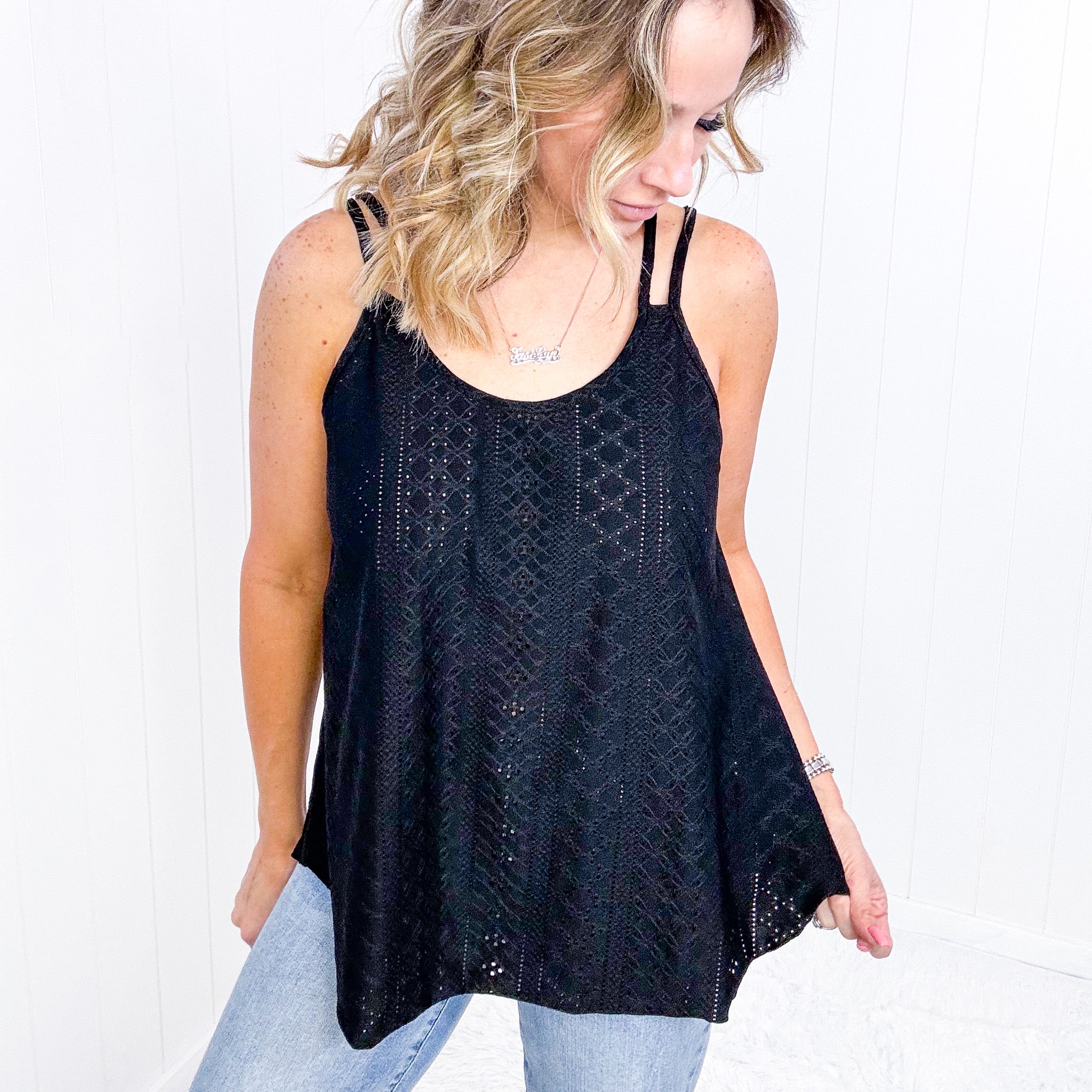 Black Eye on the Prize Eyelet Tank Top in Black