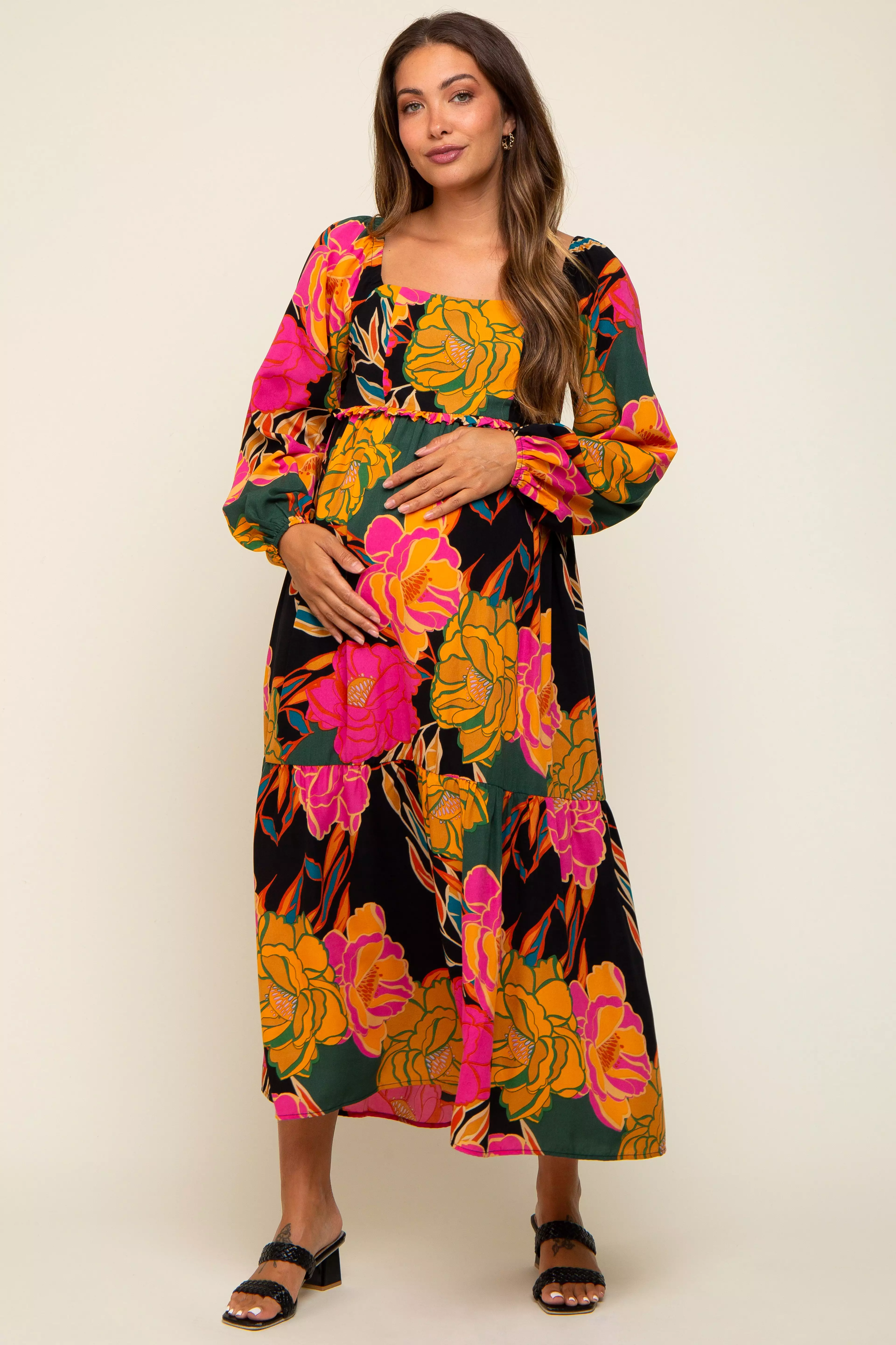 Black Floral Long Sleeve Maternity Midi Dress