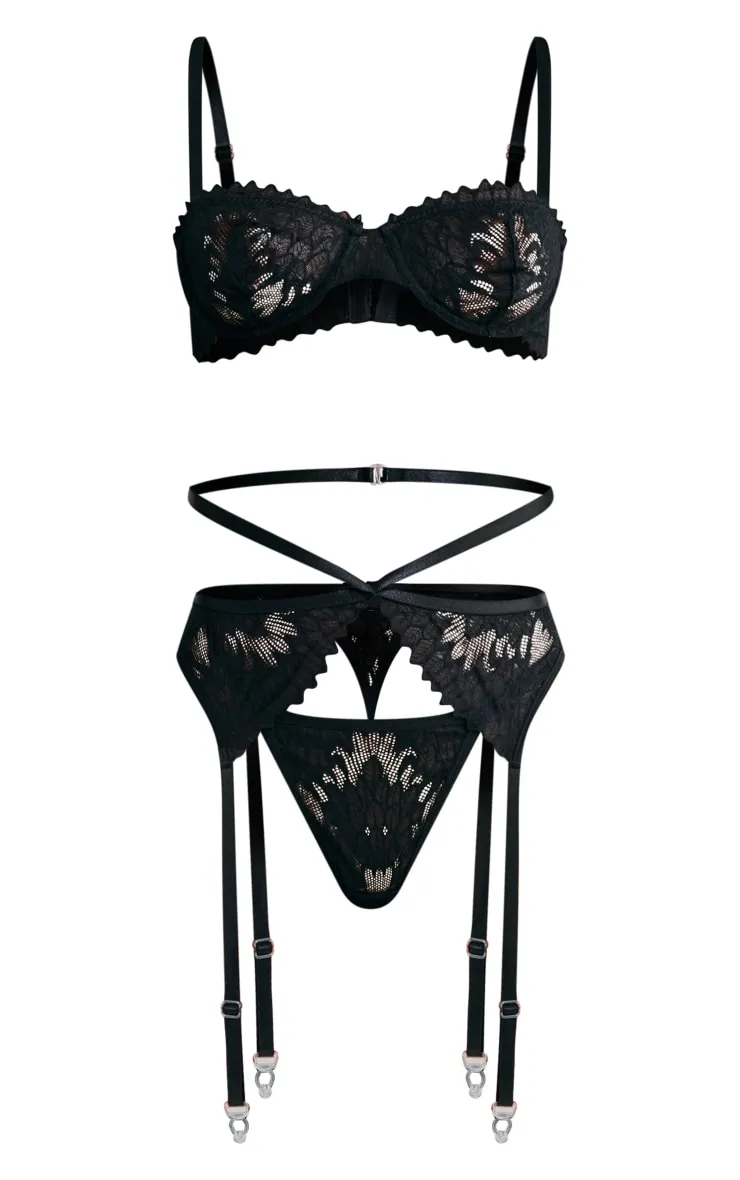 Black Scalloped Edge 3 Piece Lingerie Set