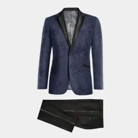  Blazer Esmoquin azul marino de terciopelo estampado con solapa en negro y pantalón negro