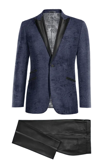  Blazer Esmoquin azul marino de terciopelo estampado con solapa en negro y pantalón negro