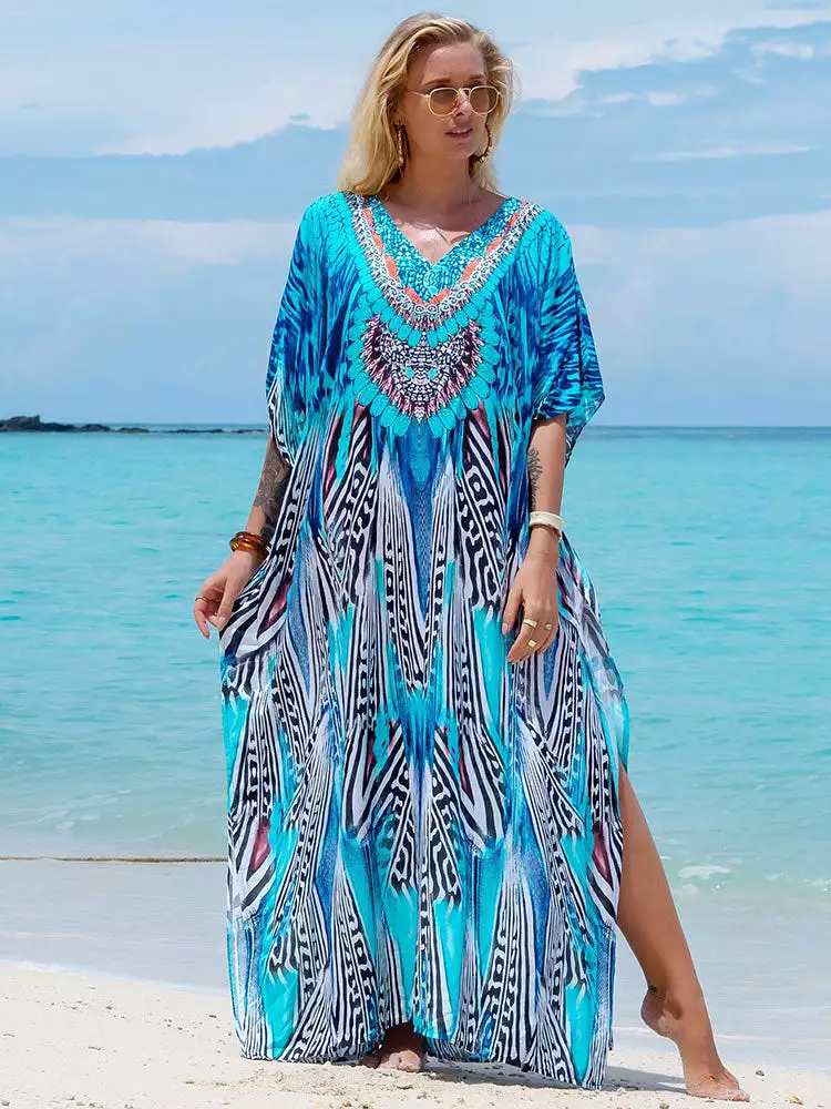 Bohemian Seaside Plus Size Print Kaftan Maxi Dress V Neck Slit Loose Robe Women 2023