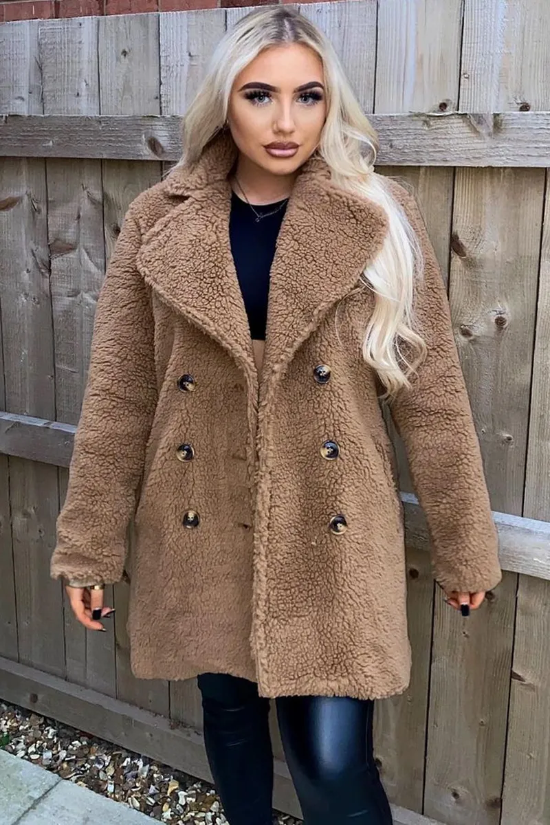 Brown Double Breasted Button Front Teddy Coat - Maizee