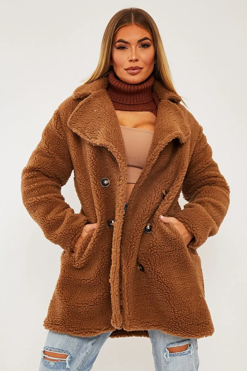 Brown Double Breasted Button Front Teddy Coat - Maizee