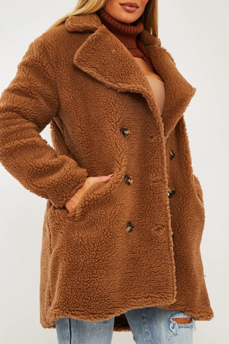 Brown Double Breasted Button Front Teddy Coat - Maizee