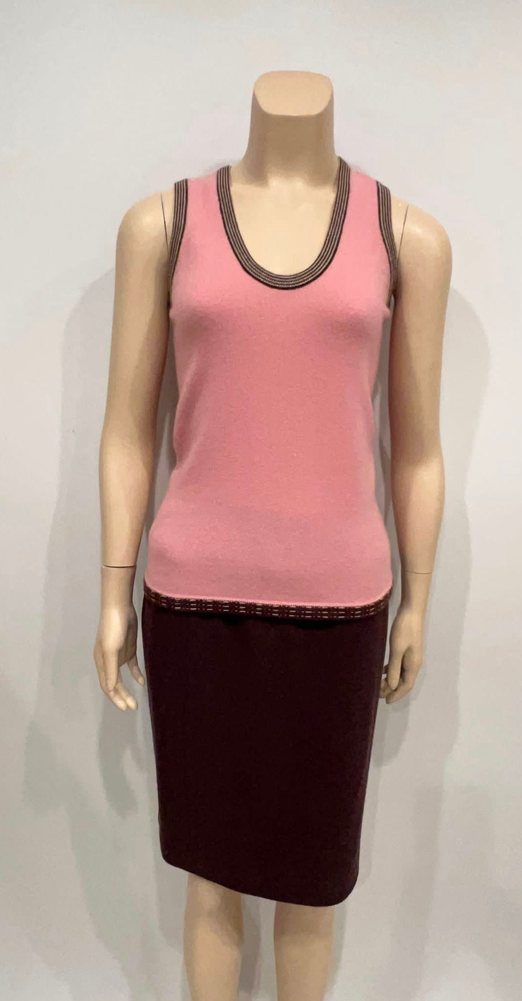 Chanel 05A 2005 Fall Cashmere Pink Brown Camisole Blouse Cardigan Twinset FR 34 US 2/4