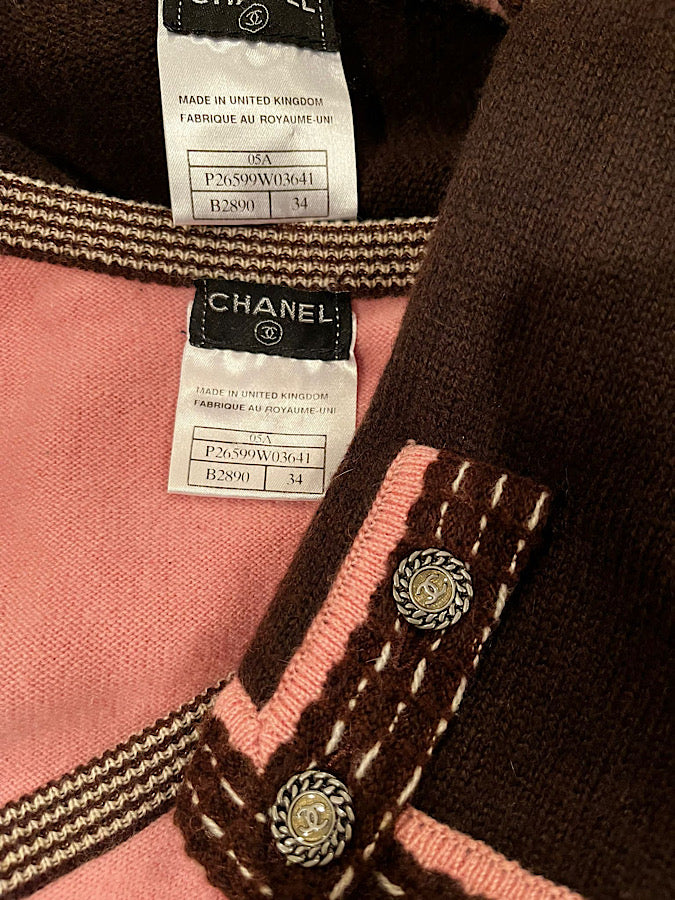 Chanel 05A 2005 Fall Cashmere Pink Brown Camisole Blouse Cardigan Twinset FR 34 US 2/4