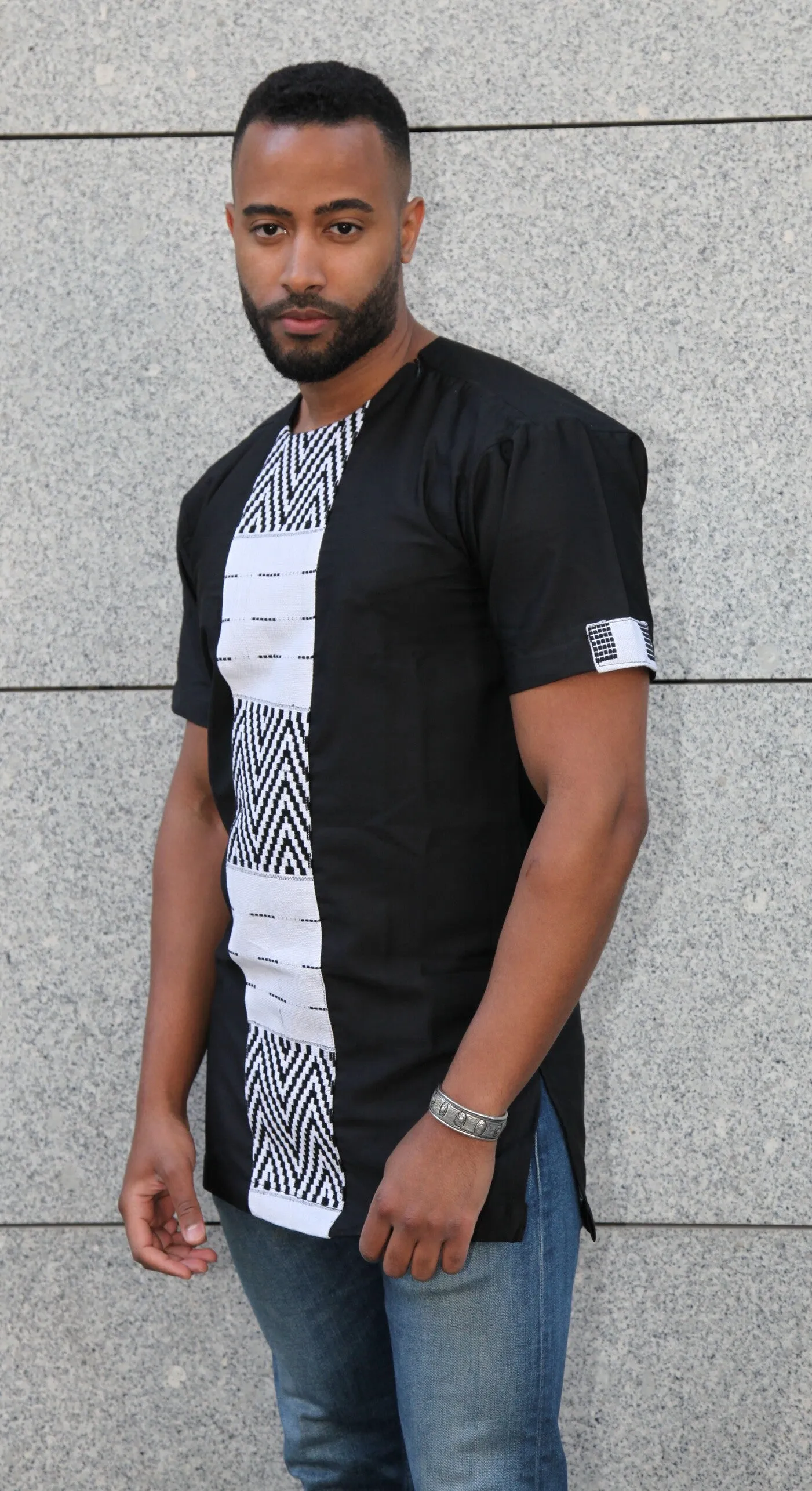 Chemise Tunique homme Kente Ewe du Ghana et coton noir