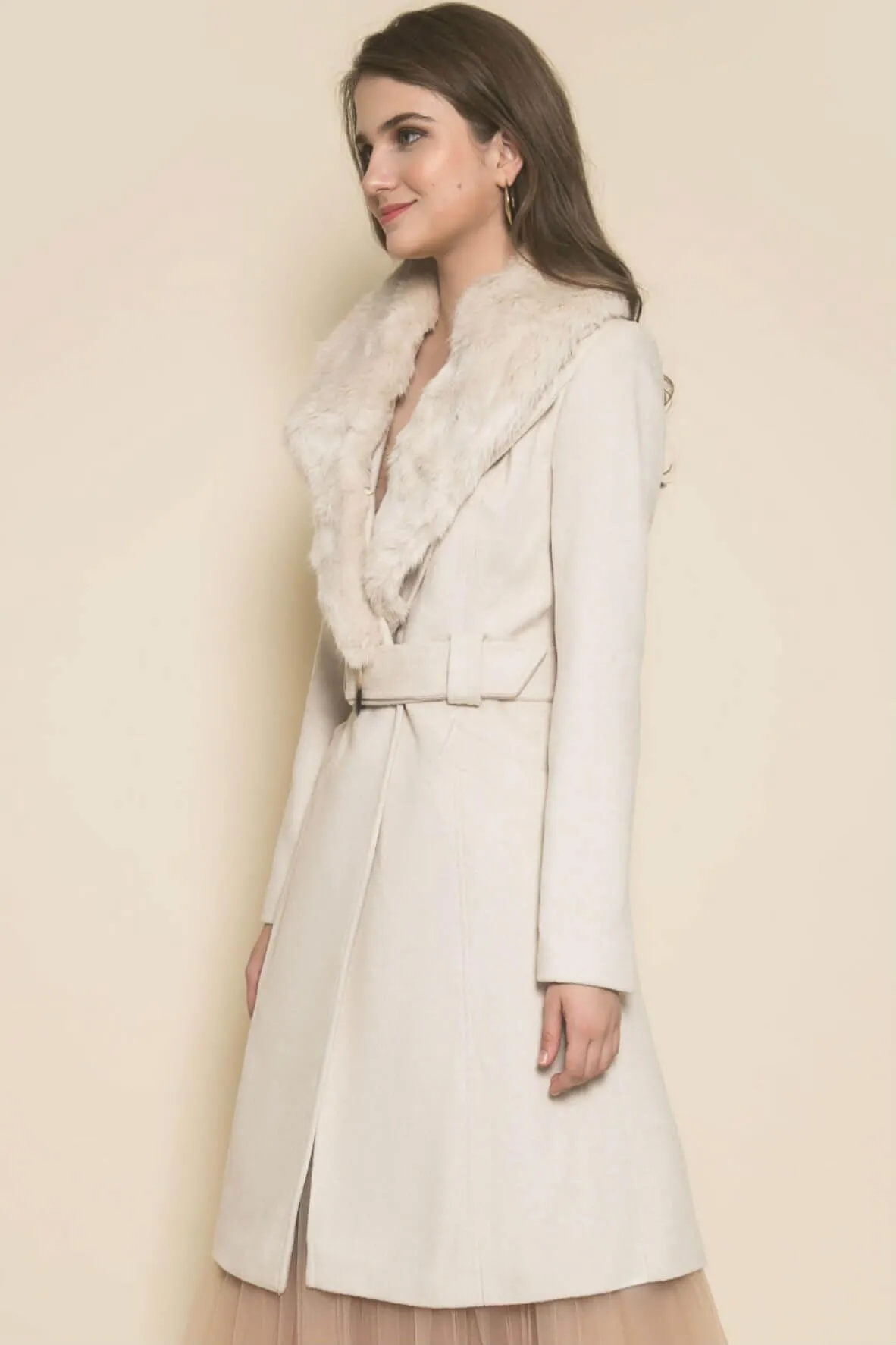 Cream Faux Fur Belted Coat