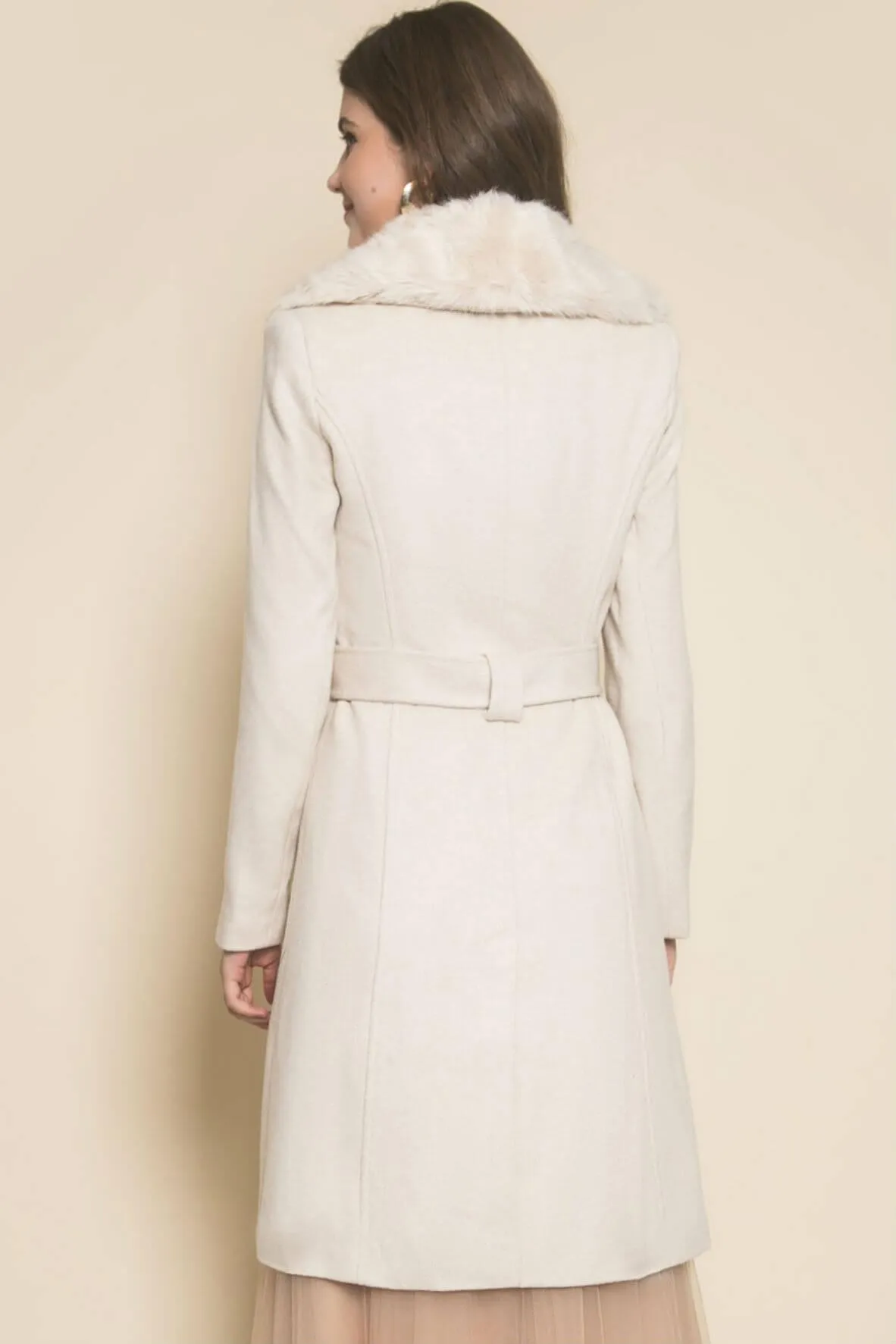 Cream Faux Fur Belted Coat