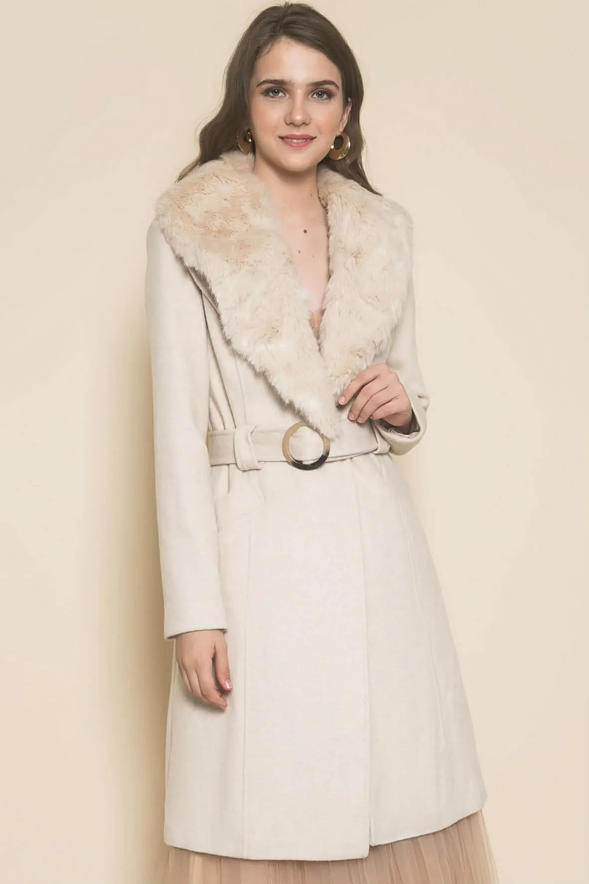 Cream Faux Fur Belted Coat