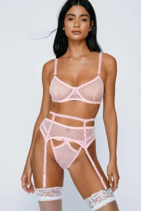 Dobby Mesh Underwire Zig Zag Strap Bow 3pc Lingerie Set