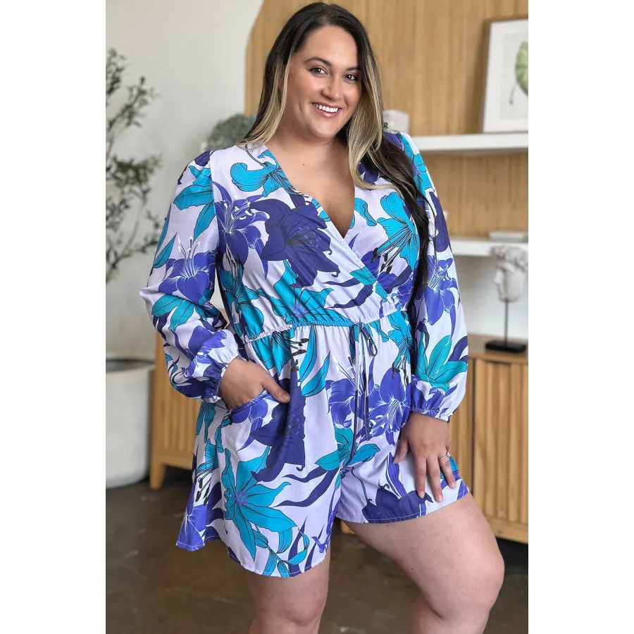 Double Take Full Size Floral Long Sleeve Romper with Pockets