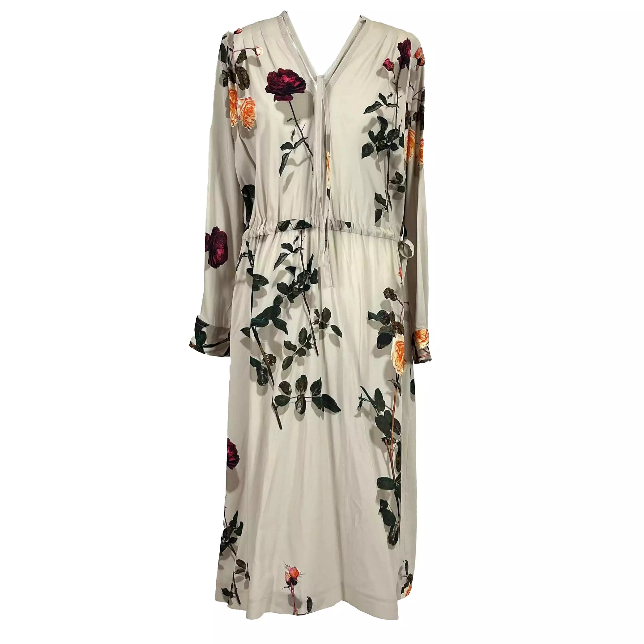 Dries Van Noten Nude Rose Print Crepe Maxi Dress M