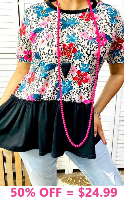 Floral Leopard top with black ruffle trim