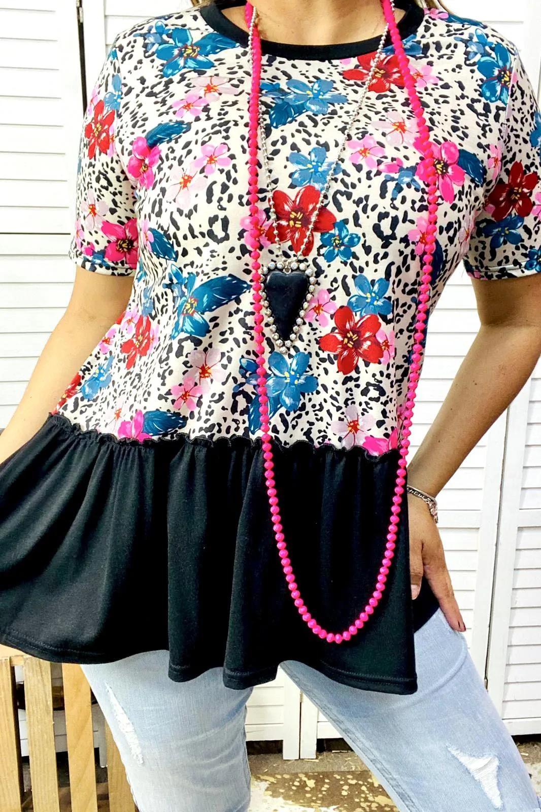 Floral Leopard top with black ruffle trim