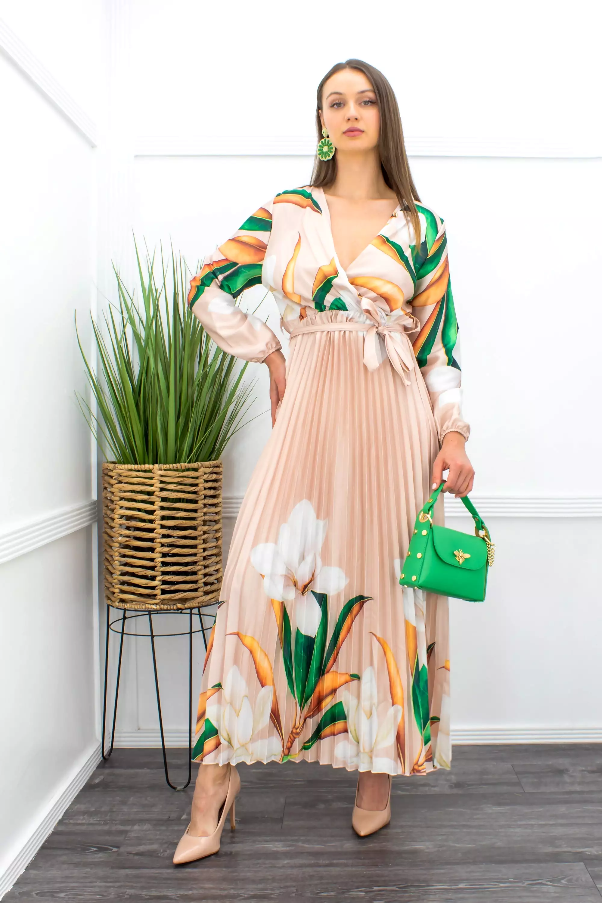 Floral Long Sleeve Belted Maxi Dress