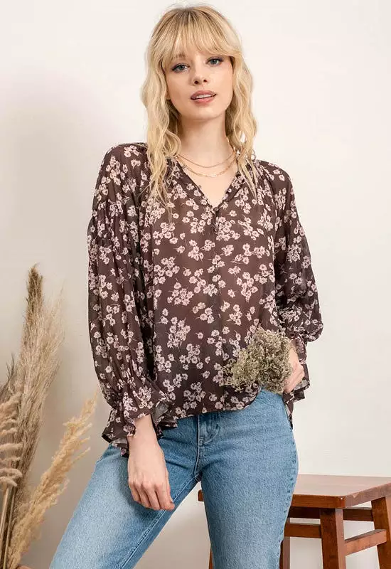 Floral Long Sleeve Blouse - Brown Multi