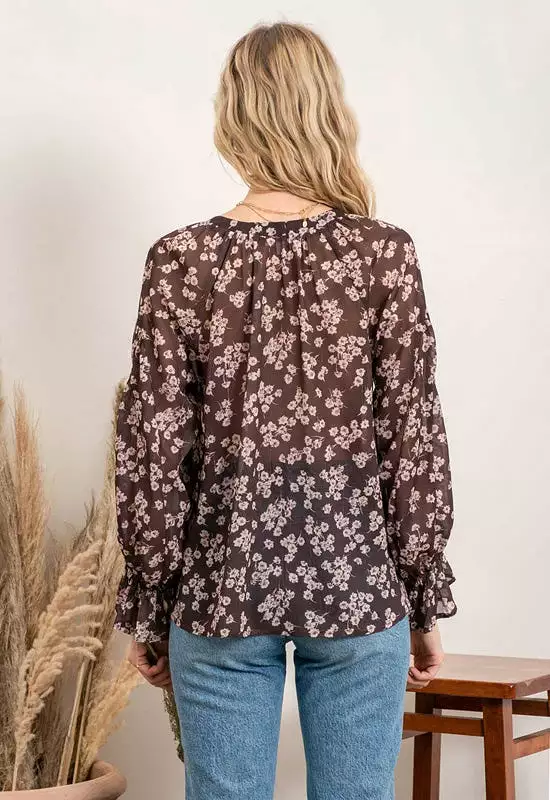 Floral Long Sleeve Blouse - Brown Multi