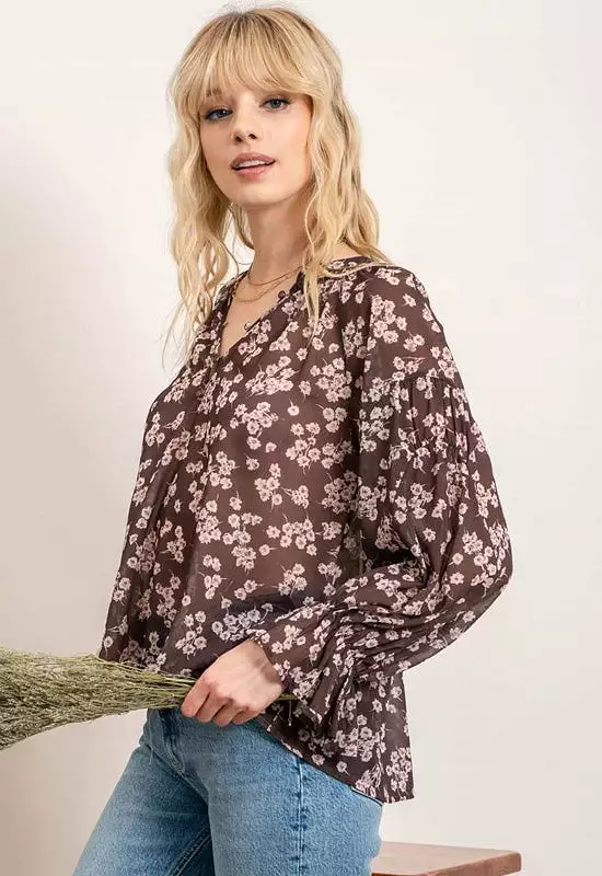 Floral Long Sleeve Blouse - Brown Multi