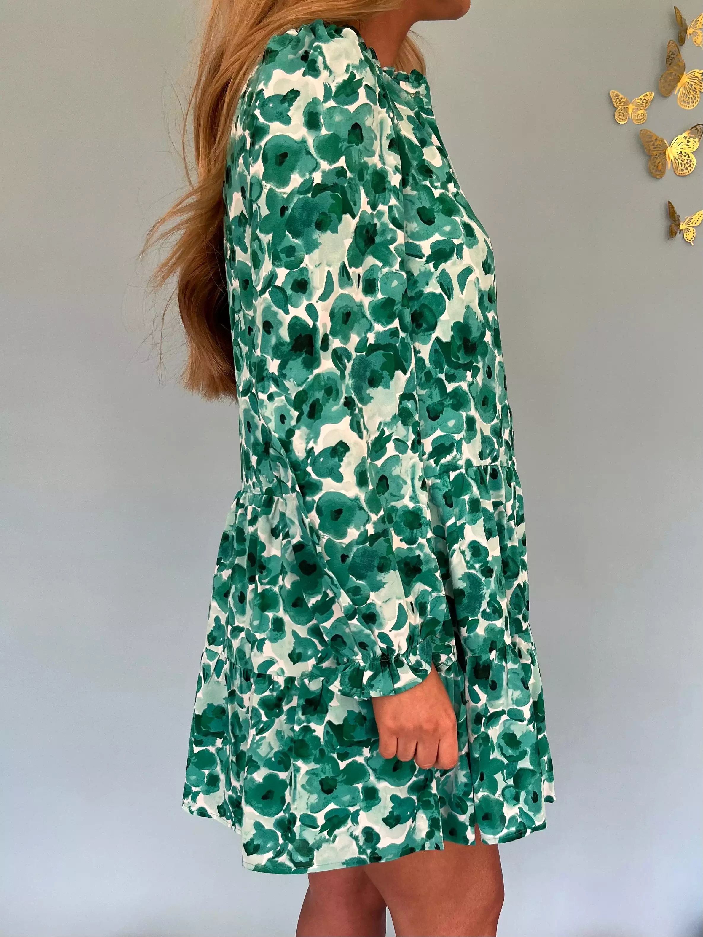 Floral Long Sleeve Dress- Green