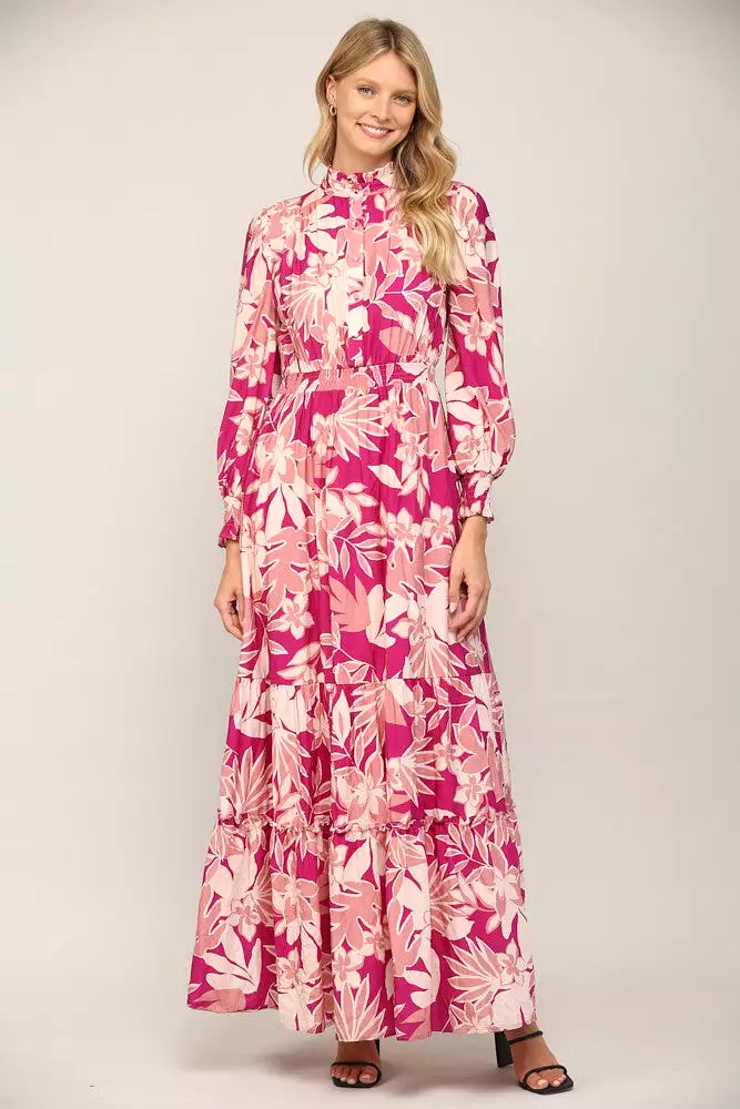 Floral Print Smocked Ruffle Neck Maxi Dress