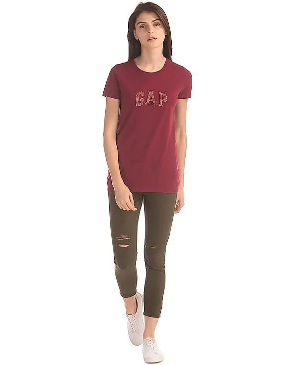 GAP Women Red Embellished Logo Tee