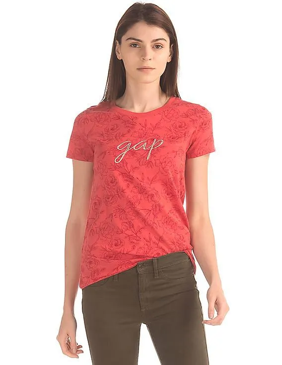 GAP Women Red Floral Print Logo Tee