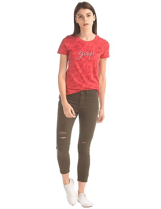 GAP Women Red Floral Print Logo Tee