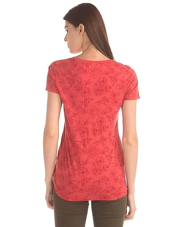 GAP Women Red Floral Print Logo Tee