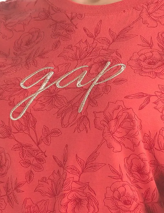 GAP Women Red Floral Print Logo Tee